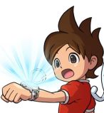 A close up of Nate using the Yokai Watch with a shocked look on his face. His right arm and body are pointed to the left.